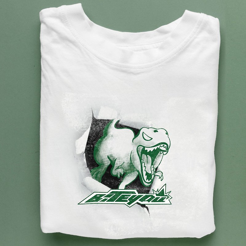 Dinosaur series cultural and creative white T-shirt Bite You parent-child wear - Tops & T-Shirts - Cotton & Hemp White