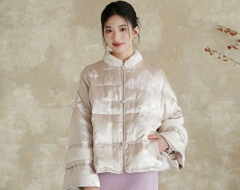 新中式復古中國風 鴨絨提花兔毛領羽絨服 - 女上衣/長袖上衣 - 聚酯纖維 紫色