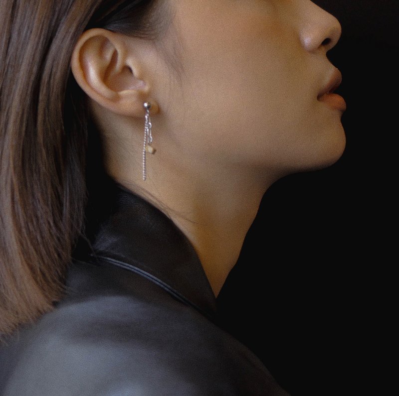 Saliva of the imagine - Stone with Chain – 石頭鎖鏈耳環 - 耳環/耳夾/耳骨夾 - 石頭 銀色