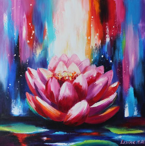 MARIARTpro Lotus Oil Painting Lotus Original Art Pink Flower Artwork Buddhism Painting