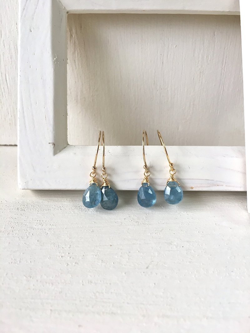 Stone Earrings & Clip-ons Blue - Moss aquamarine hook-earring 14kgf SV925