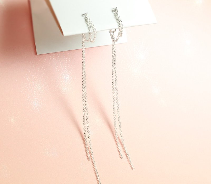 Through the thin chain ear / ear clip / ear bone clip (two wearing method) - Earrings & Clip-ons - Silver Silver