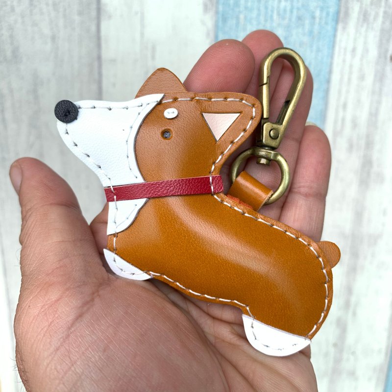 Healing gadgets handmade leather brown corgi dog hand-sewn keychain small size - Keychains - Genuine Leather Brown