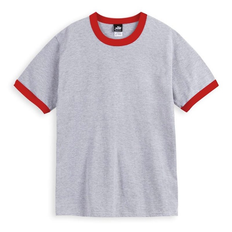 滾邊短袖T恤 - 麻灰紅 - 男 T 恤 - 棉．麻 