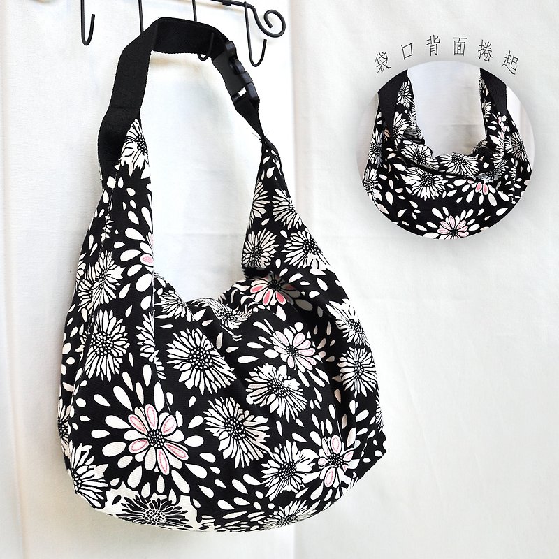 Sister Bao Pig Handmade // Black and White Floral Shoulder Bag/Handbag - Messenger Bags & Sling Bags - Cotton & Hemp White