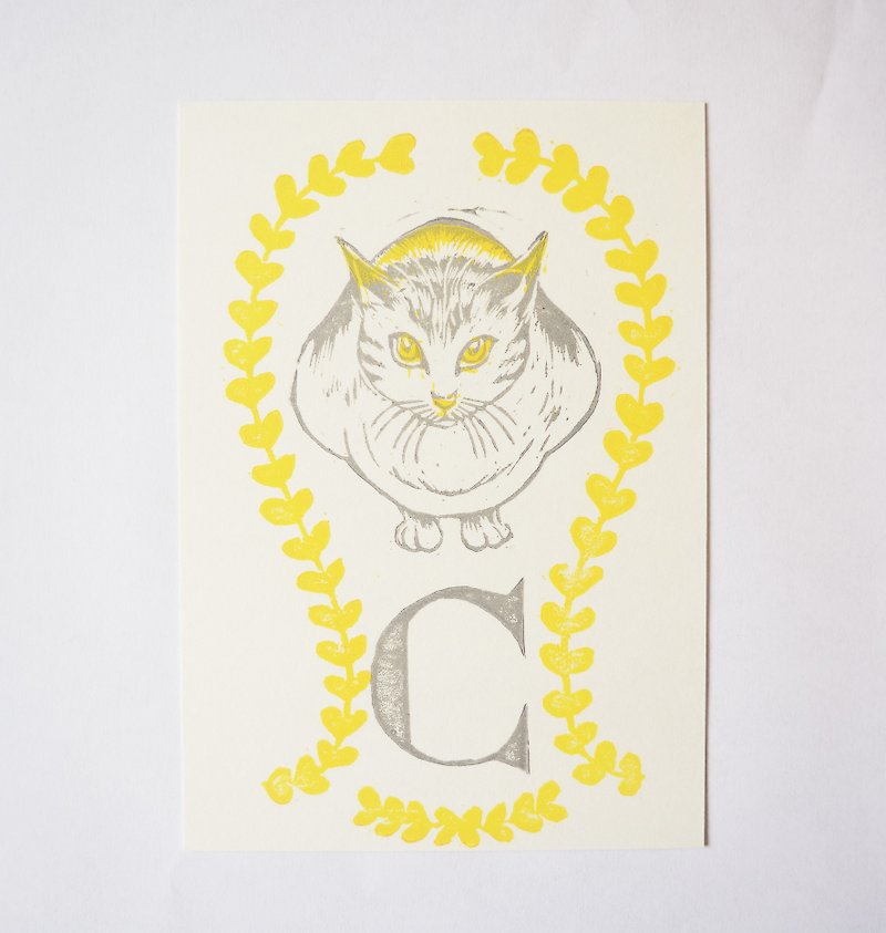 「C is for Cat」手工版印明信片 （abc字母明信片） - 心意卡/卡片 - 紙 黃色