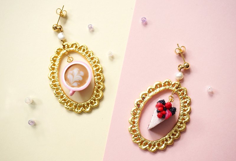 Coffee and Cheesecake earrings/ear clips handmade polymer clay - Earrings & Clip-ons - Clay Pink