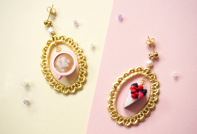 Coffee and Cheesecake earrings/ear clips handmade polymer clay - Earrings & Clip-ons - Clay Pink