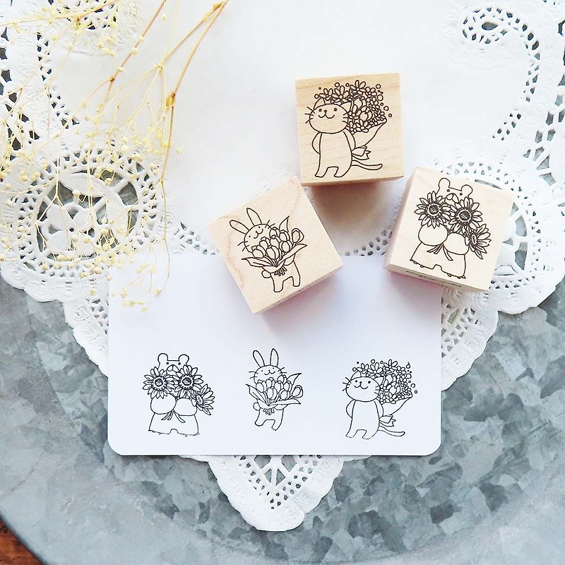 Set of three cute animal stamps holding a bouquet of flowers - cat, bear and rab - Stamps & Stamp Pads - Wood 
