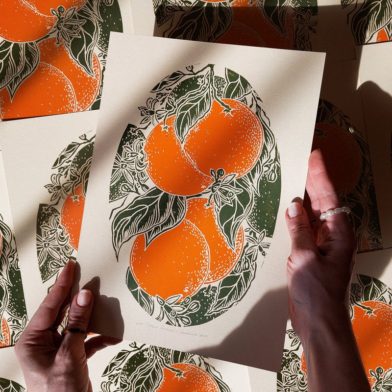 Vintage oranges fruits linocut print Original artwork Botanical wall art decor - 壁貼/牆壁裝飾 - 紙 橘色