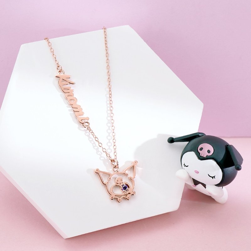 【Customized Gift】Kuromi & Me Series-Kuromi Frame Custom Alphabet Sterling Silver Necklace - Necklaces - Sterling Silver Pink