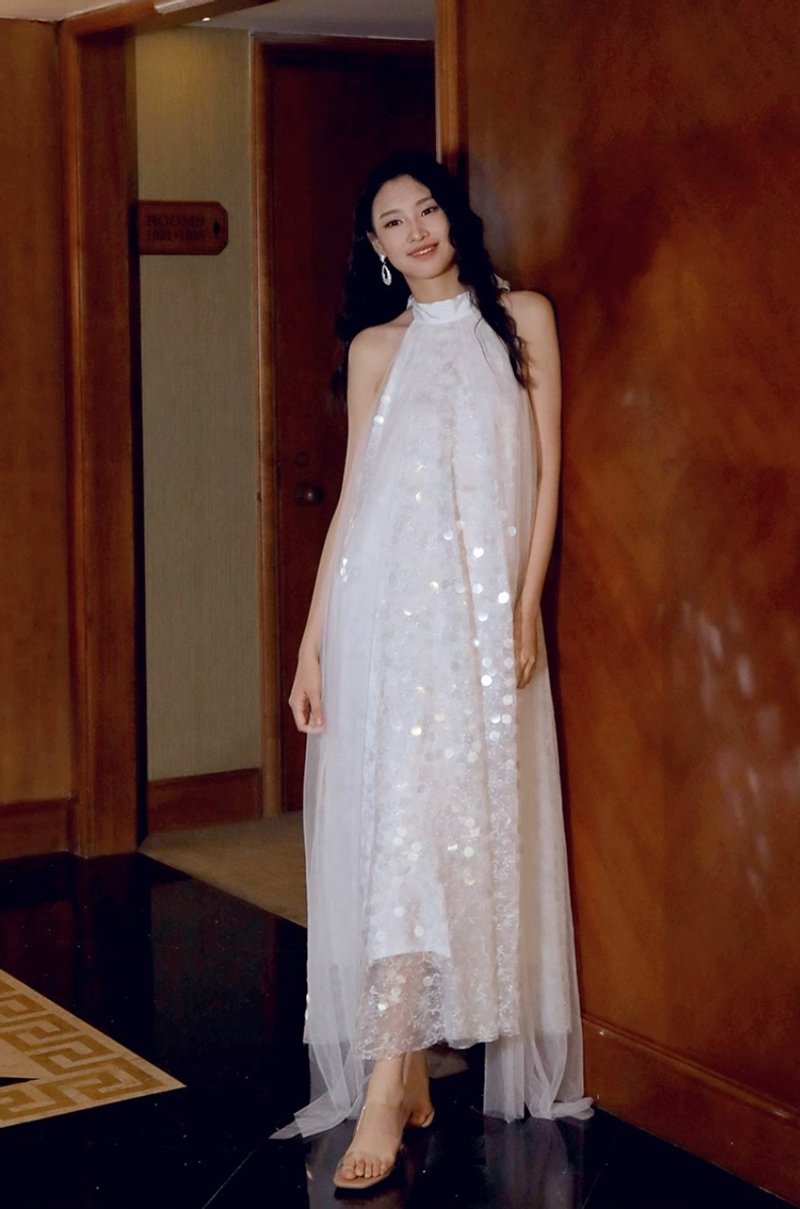 French retro white sequined dress - ชุดเดรส - วัสดุอื่นๆ ขาว