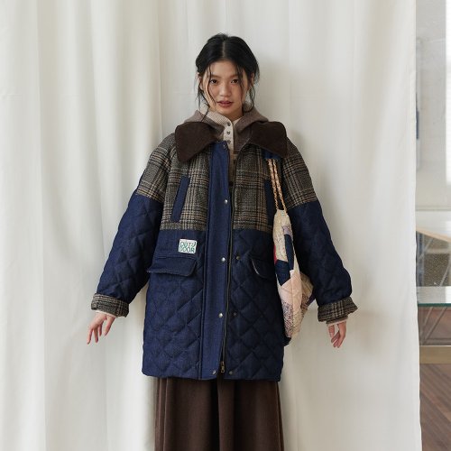 Sora 牛仔格紋拼接羽絨服|外套|冬款|Sora-1708