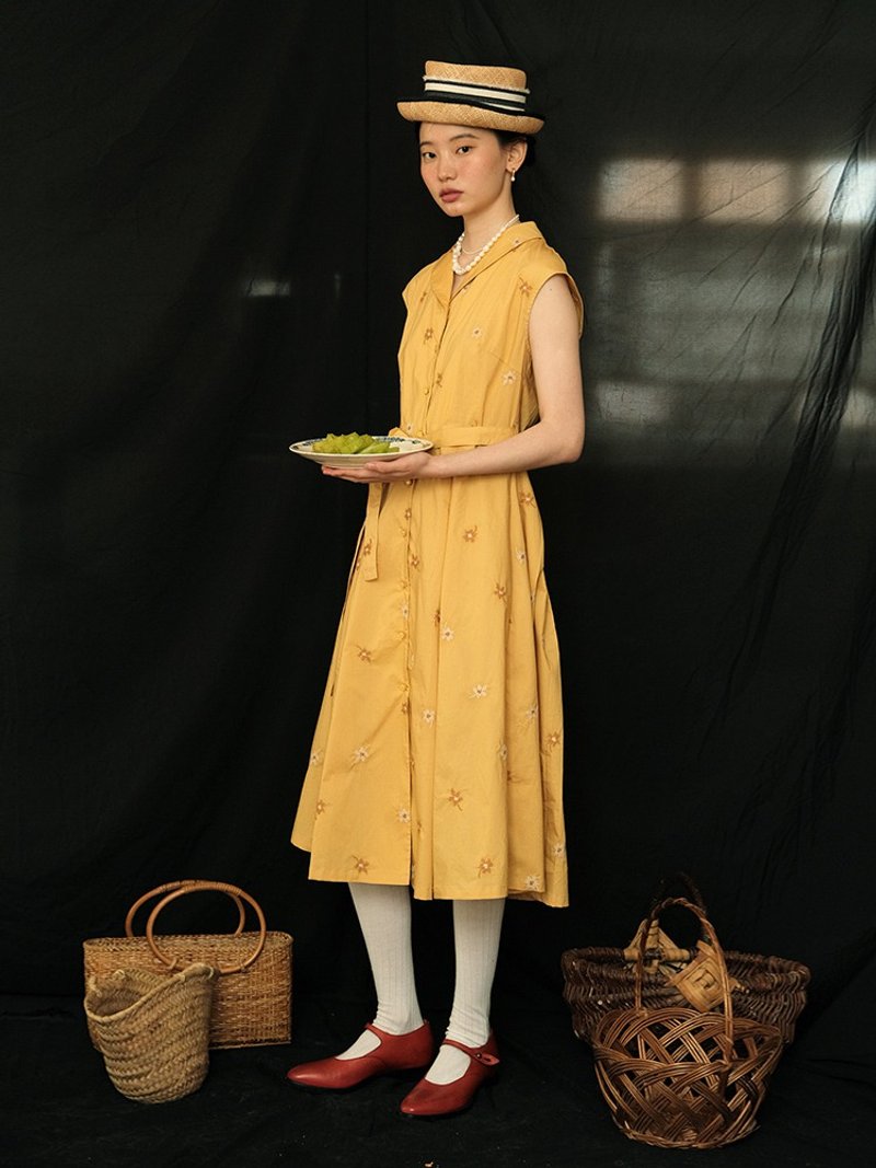 Mintcheese French retro vintage turmeric Cross-stitch vest shirt dress - ชุดเดรส - ผ้าฝ้าย/ผ้าลินิน สีส้ม