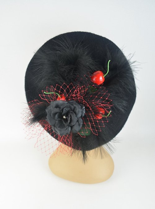 Elle Santos Beret Hat in Black Feathers, Rose, Cherries and Veil, French Style Vintage PinUp