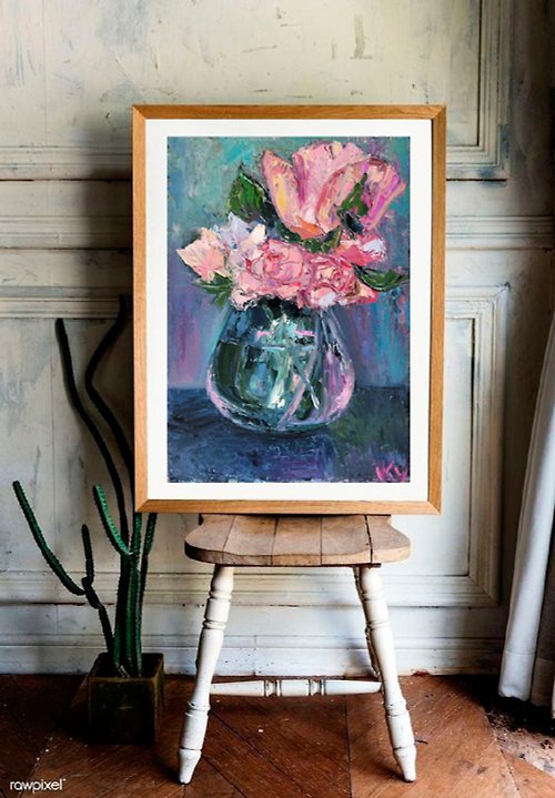 Vikenty Art Shop Beautiful Vintage Gift Roses in Vase, Abstract Floral Art, Original Oil Painting