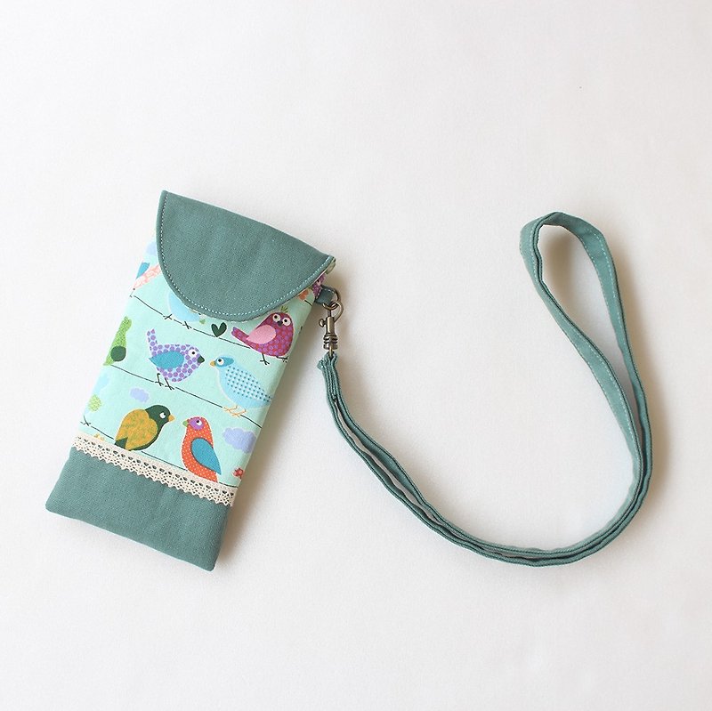 Bird Park splicing lace cell phone bag cell phone bag (hanging neck) - Phone Cases - Cotton & Hemp Green