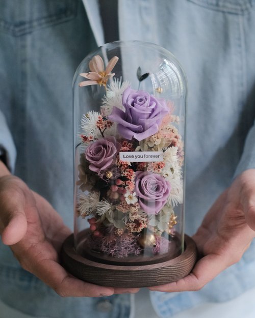 Umi studio 永生花乾燥花玻璃盅-紫羅蘭花園 /生日禮物/刻字/禮/