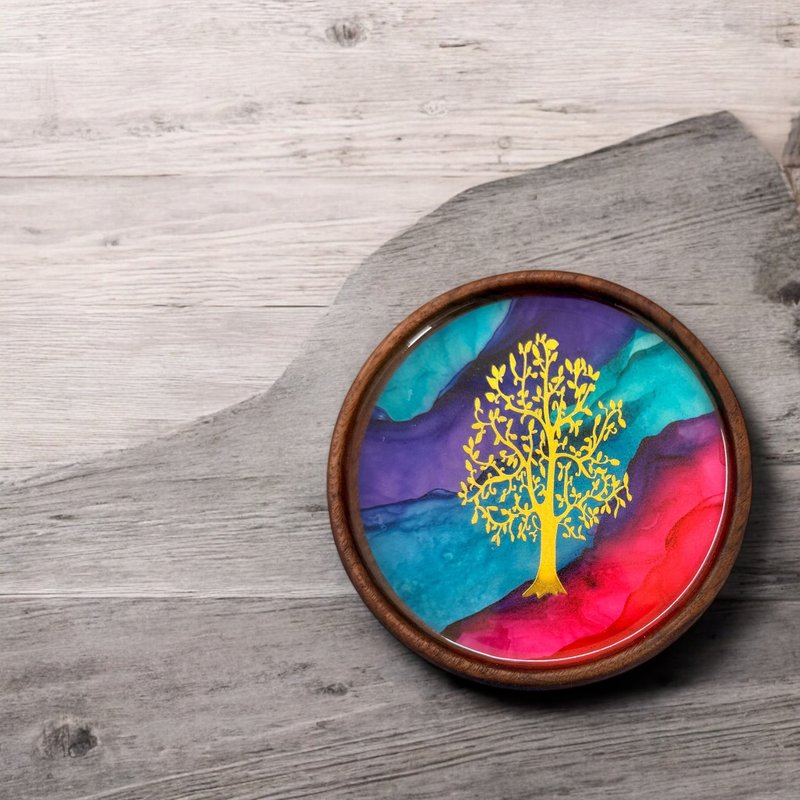 Alcohol Ink Art Premium Walnut Wooden Coaster - Tree (C) - Items for Display - Other Materials Multicolor