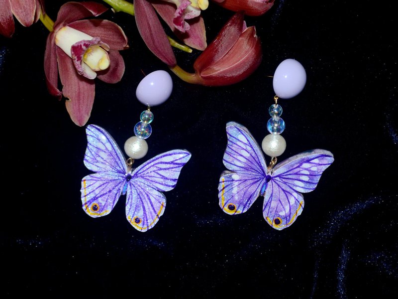 Purple Monarch Butterfly Earring Earrings Hand Painted Wooden Resin Seal - ต่างหู - ไม้ สีม่วง