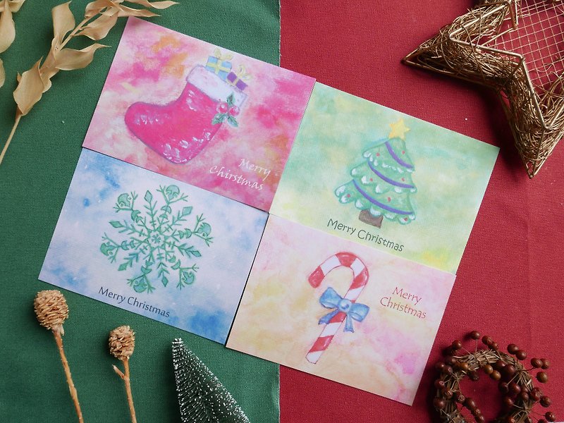 : Christmas Card Combination Package / 4 sheets: Postcard gift plain color envelope Christmas gift hand-painted watercolor - การ์ด/โปสการ์ด - กระดาษ สีแดง