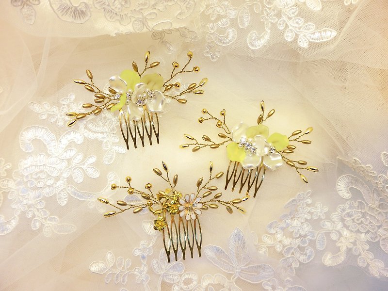 Wear a happy decoration of the golden paddy rice series - the bride comb. French comb. Wedding buffet - 3 sets of gold - เครื่องประดับผม - โลหะ สีทอง