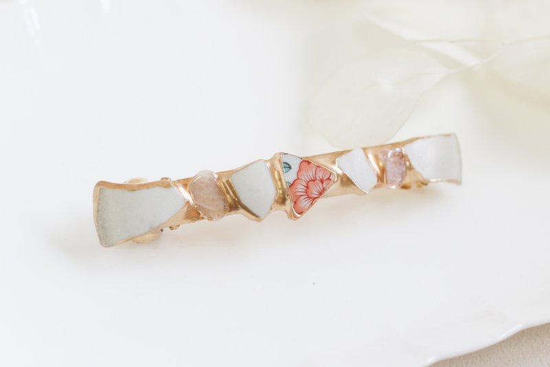 Arita ware, Karatsu ware, Kintsugi, Barrette, Pink, Morganite, Natural stone, Traditional craft, Hair clip, Large, A27 - เครื่องประดับผม - ดินเผา สึชมพู