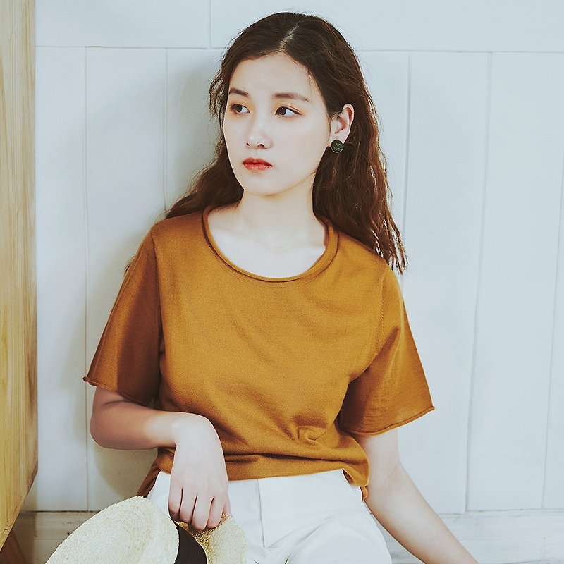 【薄款】夏季文藝女裝純色卷邊T短袖 YMLFX8412 - T 恤 - 棉．麻 橘色