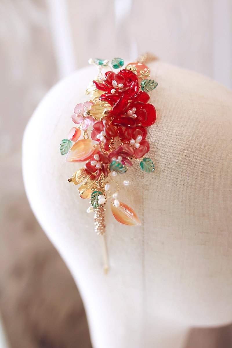 古典琉璃新娘頭飾Bridal Headpiece - 髮飾 - 玻璃 紅色
