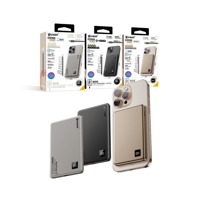XPower M5K 2合1鋁合金數顯 5000mAh PD3.0+磁吸無線外置充電器 - 行動電源/充電線 - 其他金屬 多色