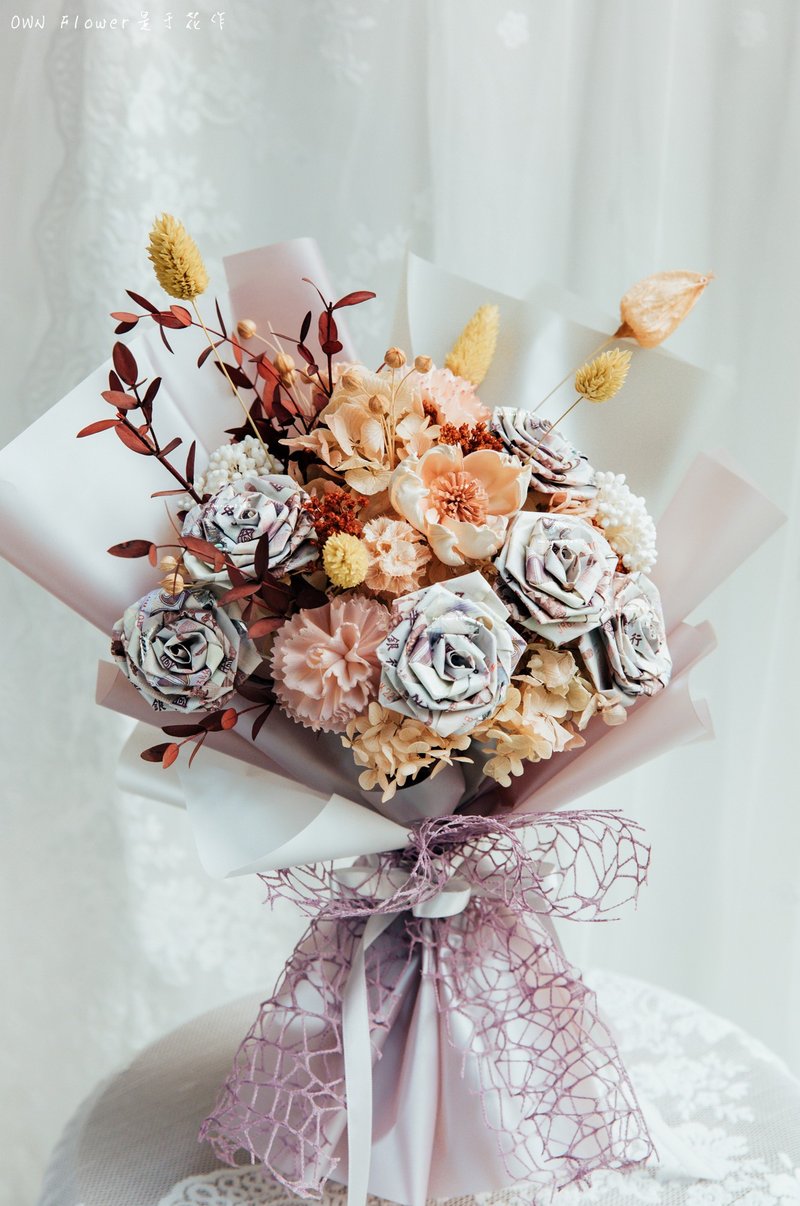 鈔票花束/鈔票玫瑰花束/有錢花花束/紙鈔花束/錢花花束/生日花束 - 乾燥花/永生花 - 植物．花 紫色
