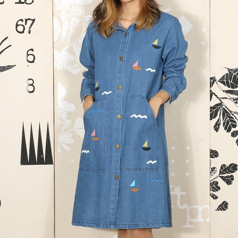 Cognoscenti Light Blue Denim Big Pocket Shirt Hand-made/Long Dress/Pocket/Silk Print/Boat - One Piece Dresses - Cotton & Hemp Blue