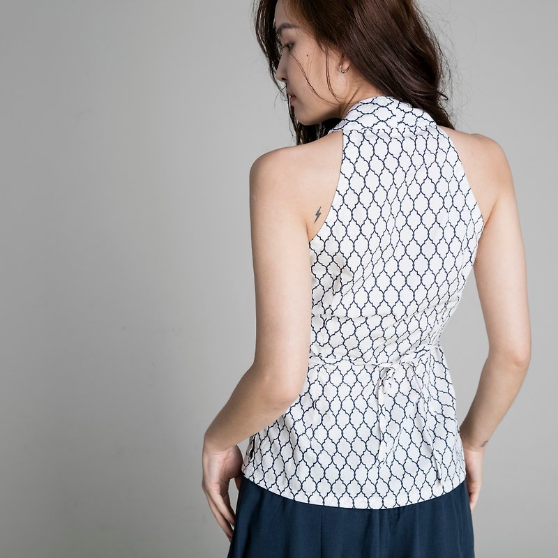 Wrap vest - Geometric print - เสื้อกั๊กผู้หญิง - ผ้าฝ้าย/ผ้าลินิน ขาว
