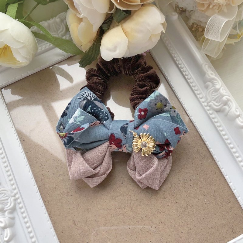 大人可愛復古花卉拼色蝴蝶結髮圈大腸圈-藍灰色 - 髮夾/髮圈 - 其他材質 灰色