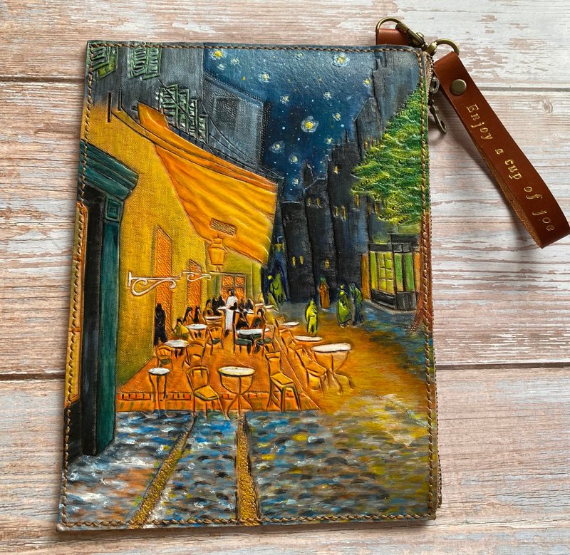 Leather Carving/iPad mini Tablet Cover/Starry Night Trilogy - Outdoor Cafe at Night - กระเป๋าแล็ปท็อป - หนังแท้ 