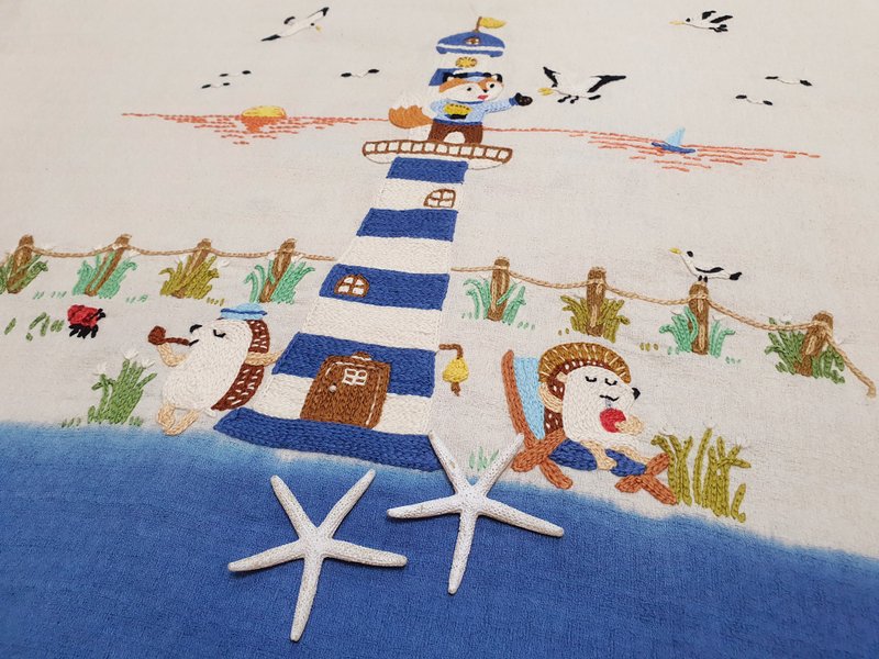 Hand Embroidery Blouse, Linen, Fox, Hedgehog, Ship, Ocean, Sea - Women's Tops - Thread White