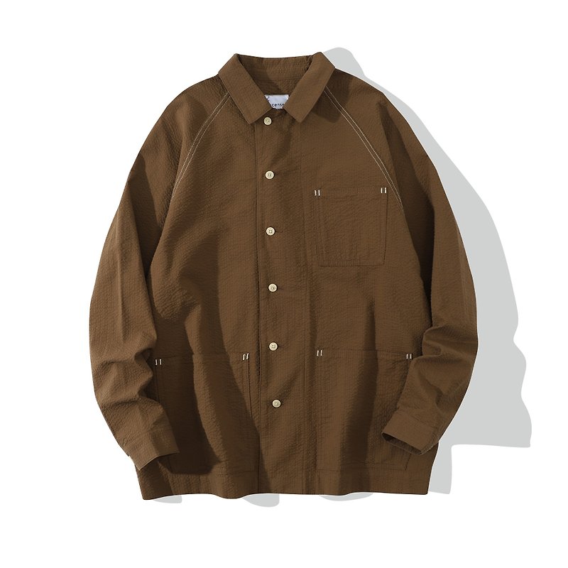 Incense Harbour Raglan Chore Shirt - cotton yarn dyed seesucker - Dark Olive - Men's Shirts - Cotton & Hemp Brown