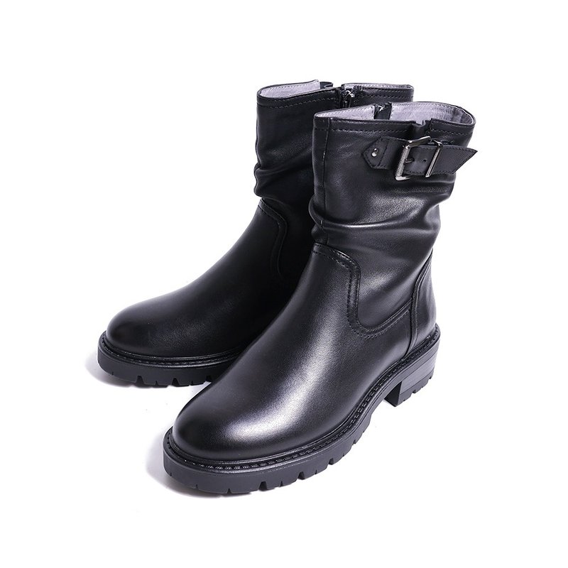 個性仿舊質感真皮釦環短靴黑色 - 女短靴/中筒靴 - 真皮 黑色