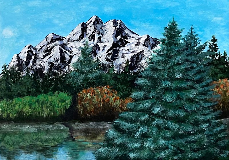 Blue firs and mountains. Mountain landscape. Painting Gouache - Wall Décor - Paper 