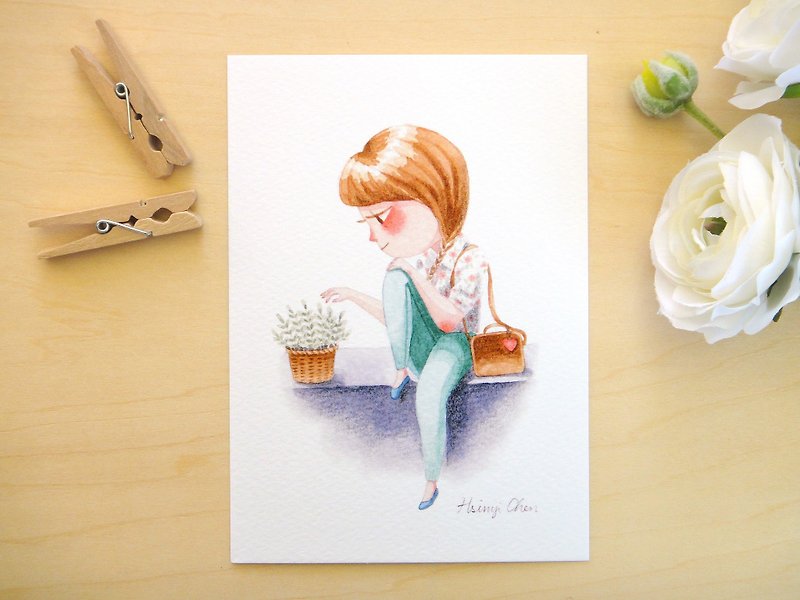 Girl with Herbs - Illustrated Watercolor Postcards, Fashion, Mini Art Print - การ์ด/โปสการ์ด - กระดาษ หลากหลายสี