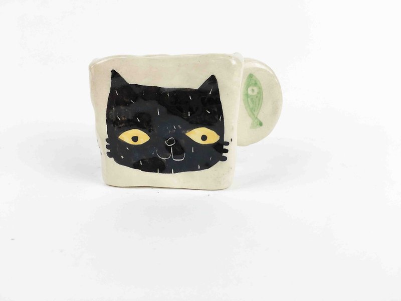 Nice Little Clay Handmade Small Square Cup _ 小黑猫 01132-01 - Mugs - Pottery White