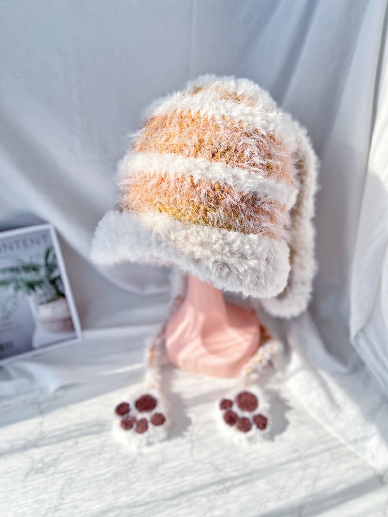 [Rabbit Belle] Versatile warm ear hat/rabbit ear hat in autumn and winter - orange + milky white fur edges - หมวก - ขนแกะ ขาว