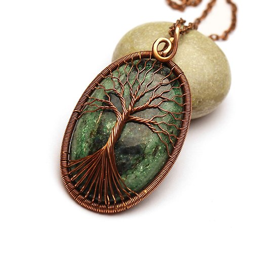 Good Luck Stones Fuchsite Pendant Tree-Of-Life Necklace Copper Wire Wrapped Jewelry Family Tree