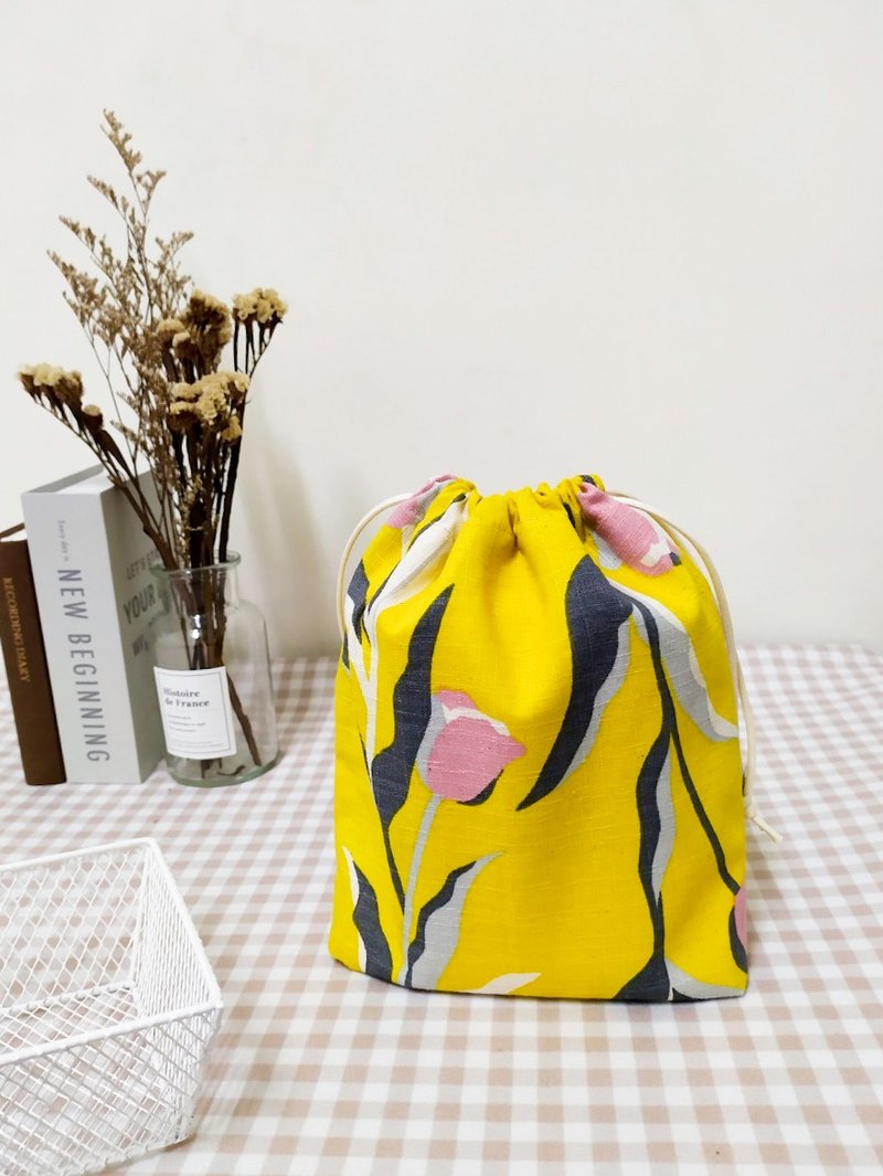 集福系列立體束口袋/旅行收納袋/萬用防塵袋/鬱金香款 - 束口袋/束口背包/水桶包 - 棉．麻 黃色