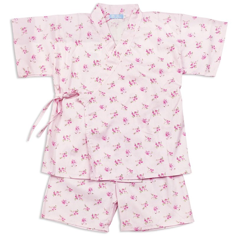 Children's Japanese Shinpei Yukata Home Wear Set Broken Pollen Pink Flower - Tops & T-Shirts - Cotton & Hemp Pink