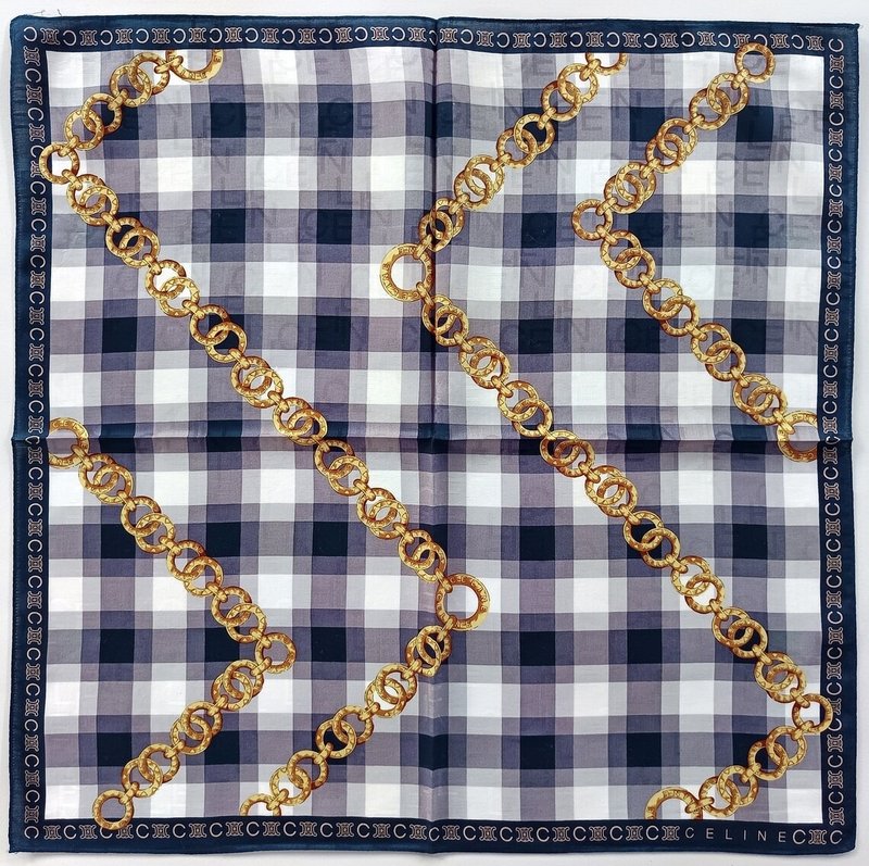 Celine Vintage Scarf Luxury Gold Chain Jewelry 23 x 22.5 inches - ผ้าพันคอ - ผ้าฝ้าย/ผ้าลินิน สีเทา