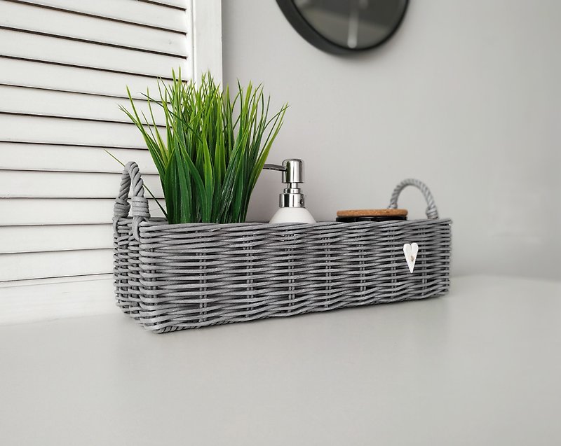 防水材質 居家收納/收納盒/收納用品 灰色 - Grey woven storage box for shelf. Long wicker basket. Home bathroom decor