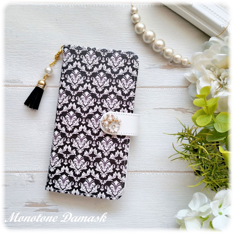 Damask Pattern Monotone Smartphone Case Notebook Type Case iPhone 12 iPhone XR iPhone 11 Xperia 10 IV Galaxy S23 - Phone Cases - Faux Leather Black