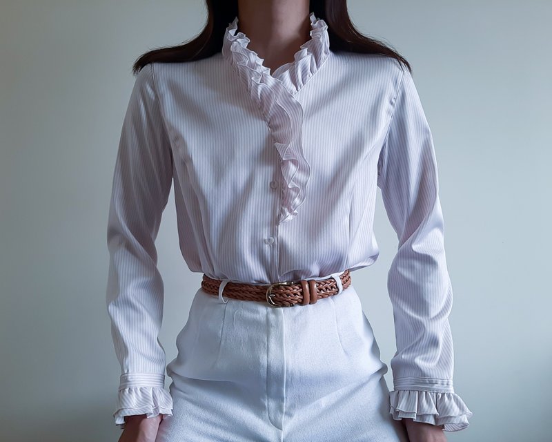 THEORIA Pink white Striped shirt with ruffle collar Long sleeve shirt - Women's Shirts - Polyester Pink