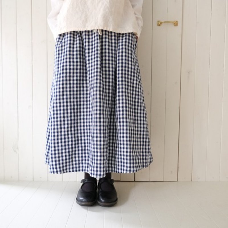 Blue gingham Linen skirt - กระโปรง - ผ้าฝ้าย/ผ้าลินิน 